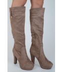 Lovemystyle Faux Brown Suede High Knee Boots With Heel