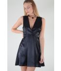 Lovemystyle Black Satin Skater Dress With Plunge Neckline