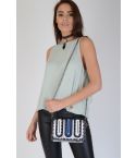 Lovemystyle Silver Handbag With Blue And White Patches
