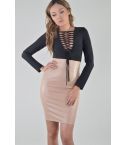 Lovemystyle nudo vestito in pelle sintetica con contrasto Top a manica lunga