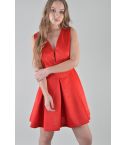 Lovemystyle Scuba V-Back Pleated Skater Dress In Red - SAMPLE