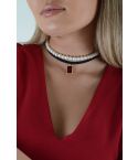 Lovemystyle Multi Row Pearl And Drop Down Red Gem Choker