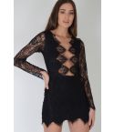 LMS Black Plunge Neck LBD With Lace Long Sleeves