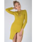 LMS Mustard Yellow Bodycon Dress With Lace Neckline And Split hem