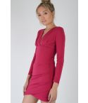 Lovemystyle Long Sleeve Hot Pink Wrap Plunge Dress - SAMPLE