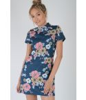 LMS Blue Shift Dress With High Neck Line And Oriental Flowers