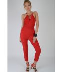 Lovemystyle Red Jumpsuit With Lace Plunge Detail - SAMPLE