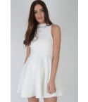 LMS White Skater Dress With High Neck And Long Gold Zip Back - SAMPLE