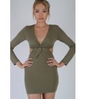 LMS Khaki Green Long Sleeve Bodycon Dress With Twist And Cut Out