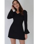 Lovemystyle Bell Long Sleeved Black Skater Dress With Plunge Neck