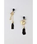 LMS Black And Gold Tassel Earrings With Padlock And Key Charms