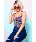 LMS Black Bralette Crop Top With Neon Aztec Print And Gold Zip