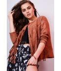 Lovemystyle Faux Suede Fringe Jacket In Tan