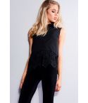 LYDC Black Sleeveless Shirt With Lace Inserts