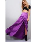 Lovemystyle Purple Satin haute taille haute jupe Maxi avec Split