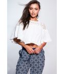 Danity White Smock Top With Crochet Neckline And Fringed Hem