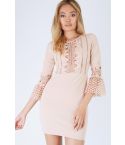 Danity Pink Bodycon Dress With Lace Inserts And Bell Sleeves