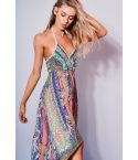 Danity Printed Dip Hem Maxi Dress With Halter Neck In Orange