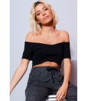 LMS Black Cross Over Off The Shoulder Crop Top With Zip Back