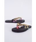 Lovemystyle Black Flip Flops With Gold Chain And Charm Strap