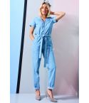 LMS Light Denim Jumpsuit With Button Down Front And Tie Waist