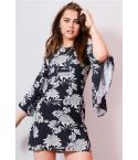 Lovemystyle Black Floral Shift Dress Featuring Flare Sleeves