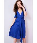 Lovemystyle Royal Blue Midi Dress With Plunge Neck And Tie Waist
