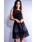 LMS Black Satin Strappy Dress With Skater Skirt And Lace Detail