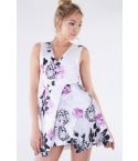 LMS Floral Mini Dress With Plunge Neck And Box Pleat Skirt
