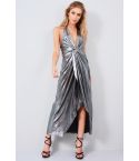 LMS Silver Metallic Halter Neck Maxi Dress With Twisted Knot Front