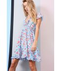 LMS luz azul Floral verano vestido con frunce cintura