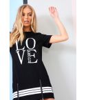 LMS schwarz-weiß Liebe Slogan t-shirt-Kleid mit Bein-Reißverschlüsse