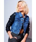 Lovemystyle Cropped Denim Jacket With Faux Leather Sleeves