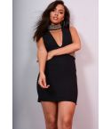 LMS Black Bodycon Dress With Embellished Waistband And Choker