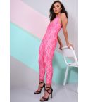 Lovemystyle Pink Fitted Lace Jumpsuit With Deep Plunge Neckline