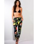 Parisian Black Floral Beach Trousers With Gathered Waist