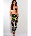 Pantalones playa Floral negra parisina con frunce cintura