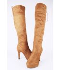 Lovemystyle Heeled Knee High Boots In Brown Faux Suede