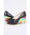 LMS Nero Peep Toe Wedge con stampa geometrica colorata sul tallone