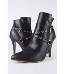 LMS Black Leather Heeled Boots With Studded Gold Cross Over Strap