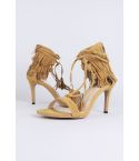LMS Suede Ankle Lace Heels WIth Fringe Back In Brown