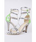 Lovemystyle Black And White Stripe Caged Sandals With Green Heel