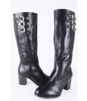 LMS Black Faux Leather Block Heel Knee High Boot With Buckles