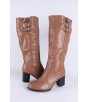 LMS Light Brown Faux Leather Block Heel Knee High Boot With Buckles