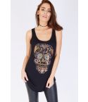 Punkyfish Black Vest Top With Multi Coloured Studded Skull