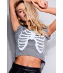 Punkyfish Grey Crop Top With Dip Hem And Bone Front