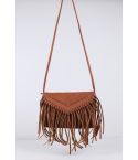 Lovemystyle Leather Side Bag With Tassels In Tan