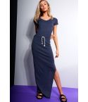 SHN-Vestito longuette blu Navy con Draw String vita e spacco laterale