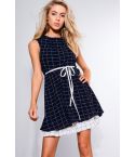 Stil London marinblå rutig klänning med differentierad kjol och slips bälte