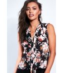 Estilo de Londres negro Floral blusa sin mangas escote de Tie